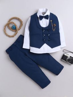 BT DEZINES - Boys Navy Blue Cotton Blend 3 Piece Suit Set with Bow