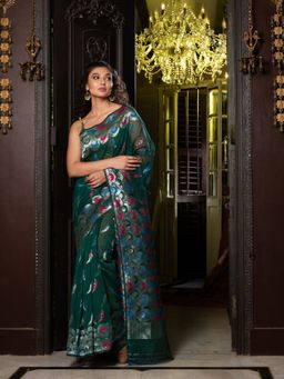 CHARUKRITI - Bottol Green Silk Cotton Handwoven Jamdani Saree