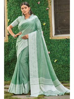Sangam Prints - Sea Green Linen Woven Zari Work Traditional Tassel Saree with Unstitched Blouse