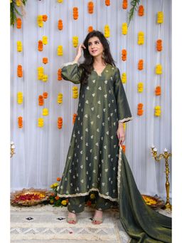 Label Shaurya Sanadhya - Green Golden Tissue A-Line Kurta with Pant and Dupatta (Set of 3)