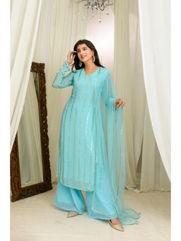 Label Shaurya Sanadhya - Light Blue and Gold Kurta with Palazzo and Dupatta (Set of 3)