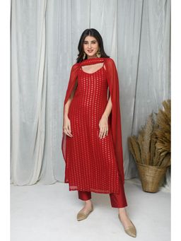 Label Shaurya Sanadhya - Red Straight Kurta with Pant and Chokar Dupatta (Set of 3)