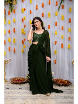 Label Shaurya Sanadhya - Mehandi Green Pre-Drape Saree with Stitched Blouse with Stitched