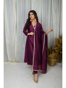 Label Shaurya Sanadhya - Wine Silk Angarkha Kurta with Pant and Dupatta (Set of 3)