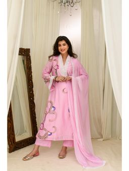 Label Shaurya Sanadhya - Pink Chanderi Hand Painted Kurta with Pant and Dupatta (Set of 3)