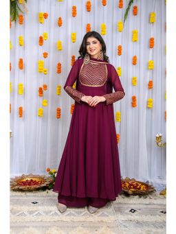 Label Shaurya Sanadhya - Wine Heavy Yolk Anarkali Kurta with Palazzo and Dupatta (Set of 3)