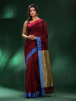 CHARUKRITI - Jam Red Cotton Soft Dual Border Saree with Unstitched Blouse