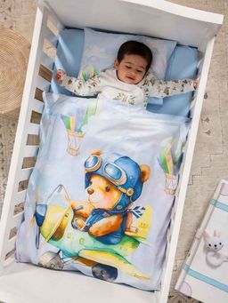 THE BABY TRUNK - Infant Blue Teddy Print Egyptian Cotton Bedsheet & Pillow Cover