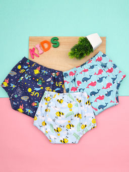 Moms Home - Blue Cotton Fish Rocket & Bee Print Baby Padded Underwear (Pack of 3)