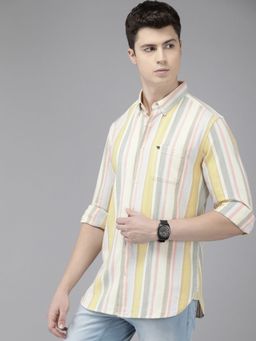 The Bear House - Men Multi-Color Striped Slim Fit Cotton Linen Casual Shirt