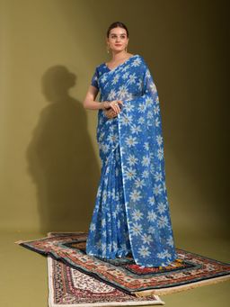 Odette - Blue Linen Designer Saree with Unstitched Blouse