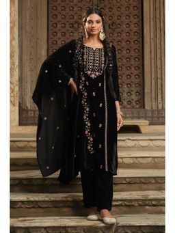 Scakhi - Black Velvet Embroidered Kurta with Pant with Dupatta (Set of 3)