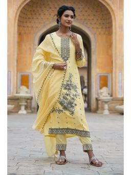 Scakhi - Yellow Muslin Silk Jacquard Kurta with Pant & Dupatta (Set of 3)