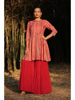 Scakhi - Pink Chinon Silk Candy Striped Peplum Kurta with Sharara (Set of 2)