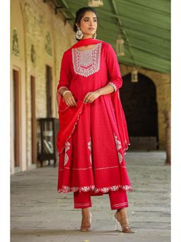 Scakhi - Red Cotton Schiffli Embroidered Anarkali Kurta with Pant & Dupatta (Set of 3)