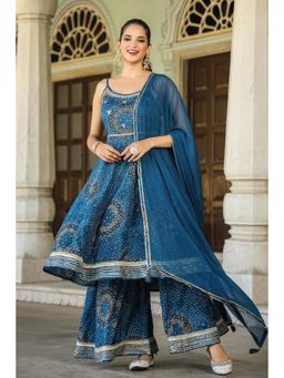 Scakhi - Navy Blue Lenzing Silk Bandhani Anarkali Kurta with Sharara & Dupatta (Set of 3)