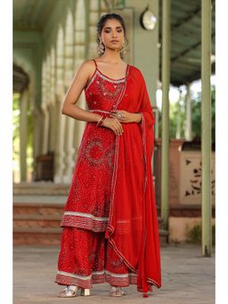 Scakhi - Red Lenzing Silk Bandhani Kurta with Sharara & Dupatta (Set of 3)