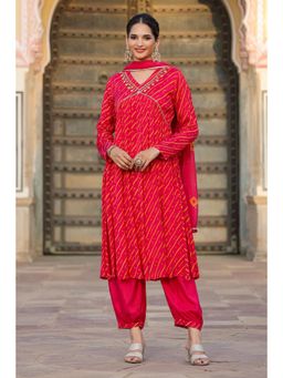 Scakhi - Deep Pink Chinon Silk Bandhani-Leheriya Kurta with Patiala Pant & Dupatta (Set of 3)