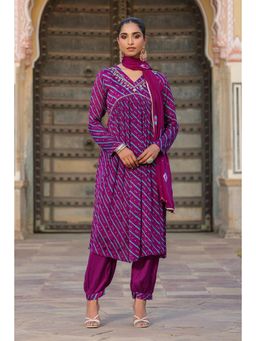 Scakhi - Purple Chinon Silk Bandhani-Leheriya Kurta with Patiala Pant & Dupatta (Set of 3)
