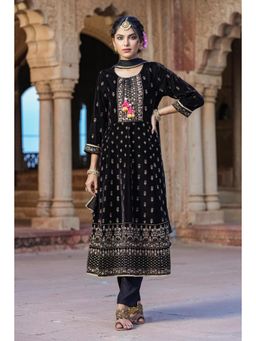 Scakhi - Black Velvet Foil Printed Anarkali Kurta with Pant & Dupatta (Set of 3)