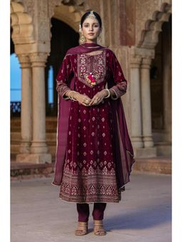 Scakhi - Maroon Velvet Foil Printed Anarkali Kurta with Pant & Dupatta (Set of 3)