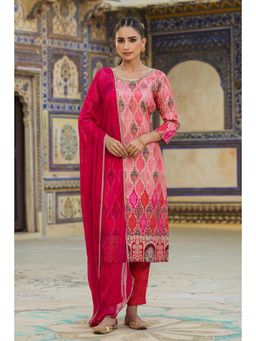 Scakhi - Pink Banarasi Silk Jacquard Jaal Kurta with Pant & Dupatta (Set of 3)