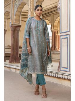 Scakhi - Teal & Grey Linen Chanderi Silk Printed Kurta with Pant & Dupatta (Set of 3)