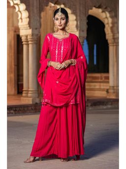 Scakhi - Red Georgette Sequin Embroidered Suit Set (Set of 3)