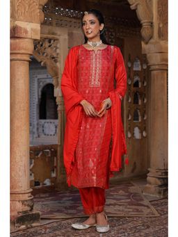Scakhi - Red Dola Silk Bandhani Jacquard Kurta with Pant & Dupatta (Set of 3)