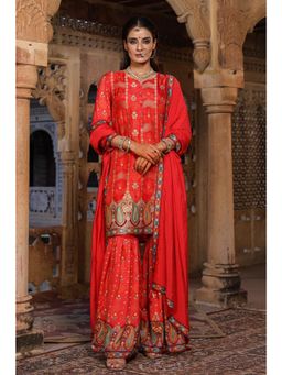 Scakhi - Red Dola Silk Jacquard Kurti with Sharara & Dupatta (Set of 3)