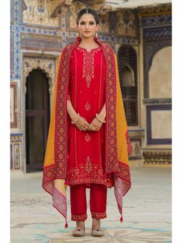 Scakhi - Red Dola Silk Embroidered-Printed Kurta with Pant & Dupatta (Set of 3)