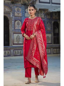 Scakhi - Pink Viscose Silk Embroidered Kurta with Pant with Dupatta (Set of 3)