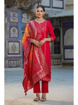 Scakhi - Red Viscose Silk Embroidered Kurta with Pant with Dupatta (Set of 3)