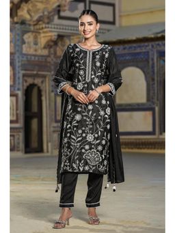 Scakhi - Black Silk Dobby Embroidered Kurta with Pant with Dupatta (Set of 3)