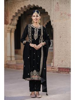 Scakhi - Black Velvet Zari Embroidered Kurta with Pant & Dupatta (Set of 3)