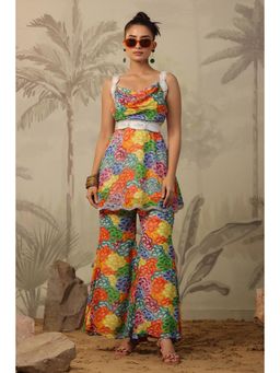 Scakhi - Georgette Multicolour Floral Print Embellished Kurti with Sharara & Belt (Set of 3)