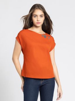 SHAYE - Boat Neck Orange Embroidered Drop Shoulder Sleeves Casual Top for Women