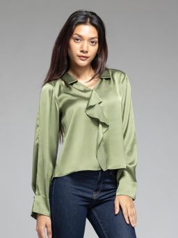 SHAYE - Spread Collar Olive Green Solid Long Sleeves Casual Top for Women