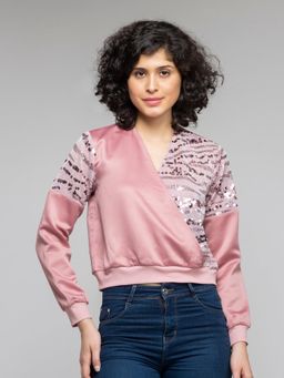 SHAYE - V-Neck Pink Sequinned Long Sleeves Party Top for Women