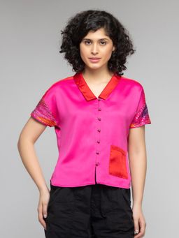 SHAYE - Spread Collar Fuchsia Sequin Short Sleeves Party Top for Women