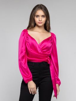 SHAYE - Sweetheart Neck Fuchsia Sequinned Long Sleeves Party Top for Women