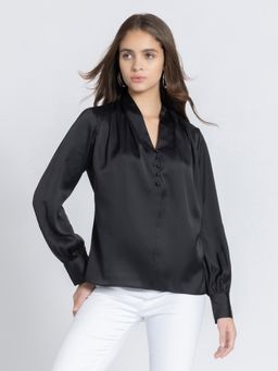 SHAYE - V-Neck Black Solid Long Sleeves Casual Top for Women