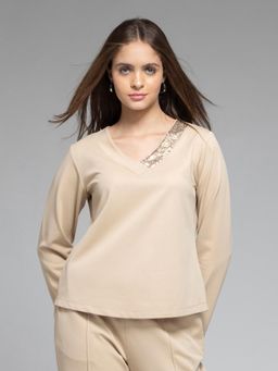 SHAYE - V-Neck Beige Solid Long Sleeves Casual Top for Women