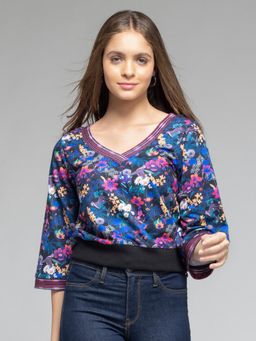 SHAYE - V-Neck Floral Print Three-Quarter Sleeves Casual Top for Women