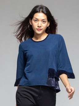 SHAYE - Round Neck Blue Solid Three-Quarter Sleeves Casual Top for Women