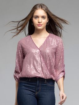 SHAYE - V-Neck Pink Sequinned Three-Quarter Sleeves Party Top for Women