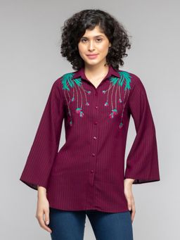 SHAYE - Shirt Collar Wine Embroidered and Self Stripe Pattern Long Sleeves Casual Top