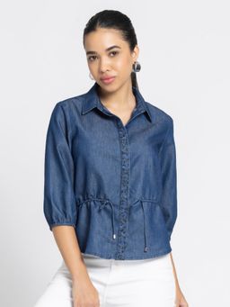 SHAYE - Shirt Collar Blue Solid Three-Quarter Sleeves Casual Top for Women