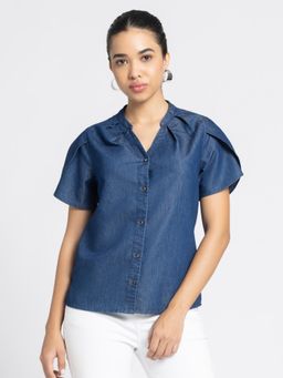 SHAYE - V-Neck Blue Solid Short Sleeves Casual Top for Women