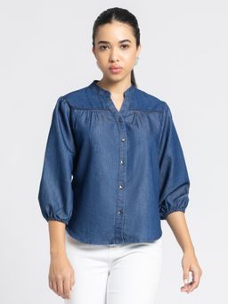 SHAYE - V-Neck Blue Solid Three-Quarter Sleeves Casual Top for Women